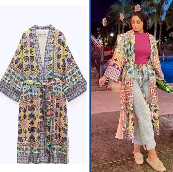Zara Belted Satin Multicolor Print Kimono Robe With Tie Sash Oversized Medium - Picture 1 of 11